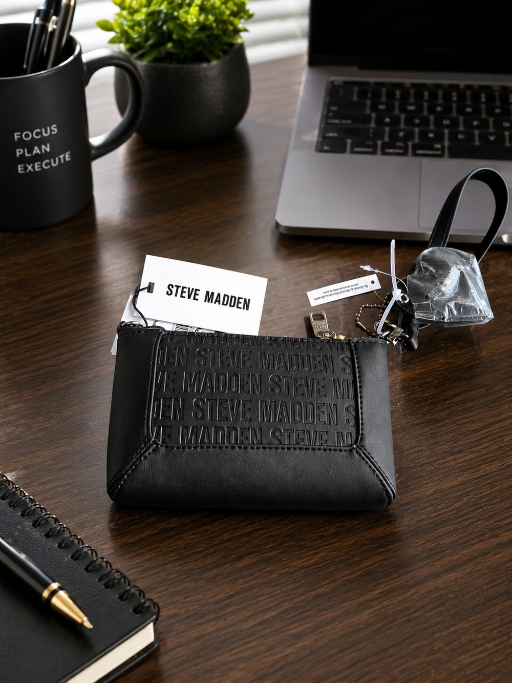 Steve Madden Black Embossed Leather Card Holder with Wrist Strap - Picture 3 of 5
